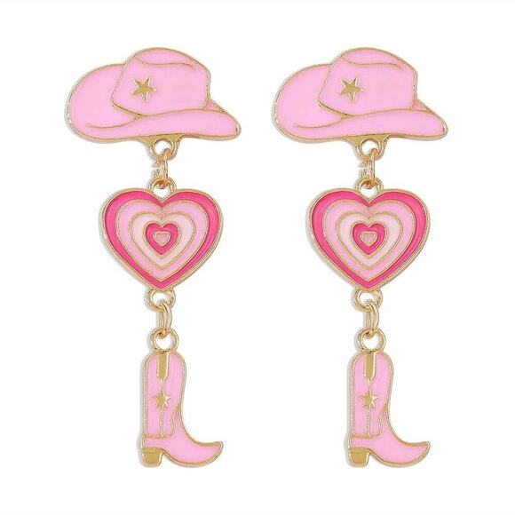 2/$24 NEW Pink Cowgirl Earrings Post Gold Tone Cowboy Boots Hat 158 - Picture 1 of 8